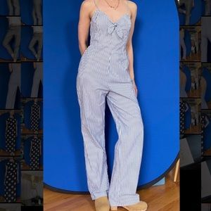 NWT!! Blue/white striped jumpsuit w/tie front detail!